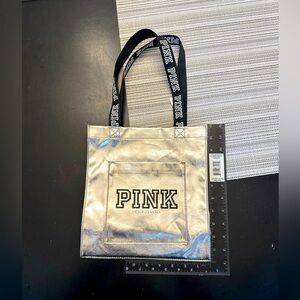 PINK silver tote bag, logo on handles & front pocket. NWT